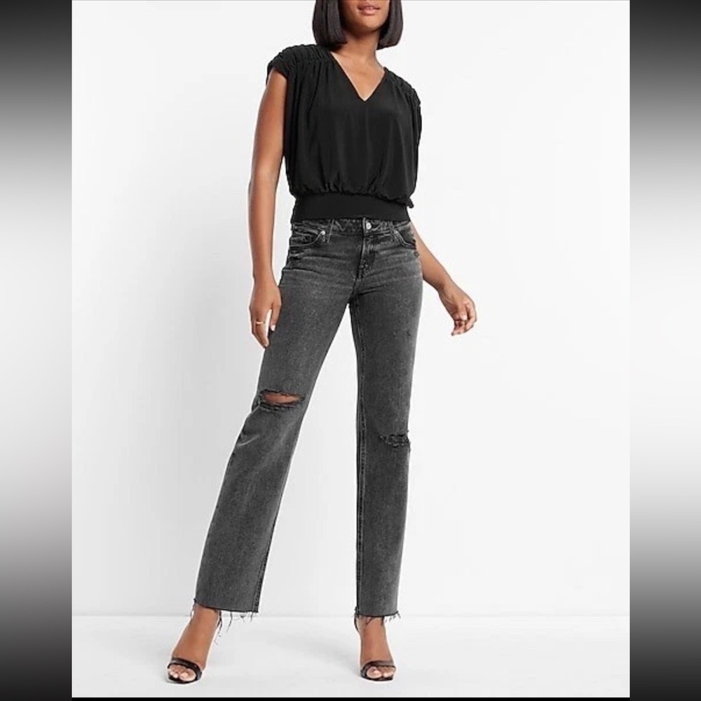 Express Black Polished Matte Jersey Ruched Banded Bottom Blouse V-Neck Nwt 88.00